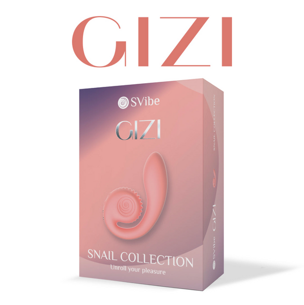Side view of the Snail Gizi Rechargeable Extending Vibrator packaging in pink on a pink background