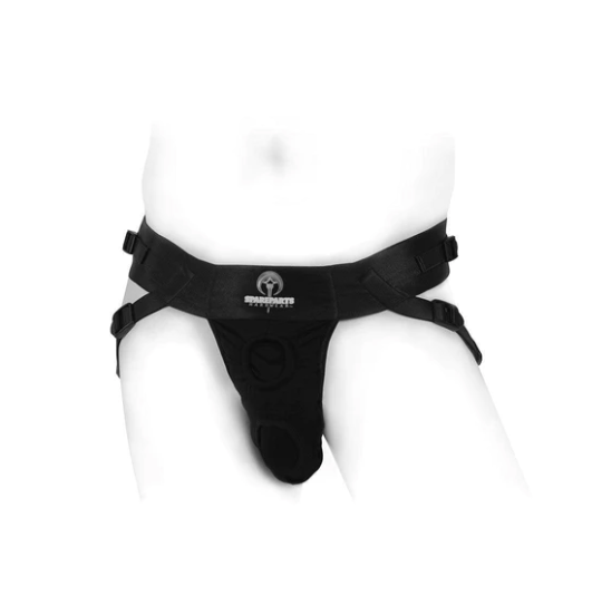 Spare Parts Deuce Harness for Double Penetration in black, shown on a white mannequin.