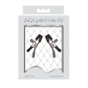 Sportsheets classic pair of nipple clips on white background with metal adjusters and clamps with rubber protective and removable tips  in their packaging - Sex Siopa, Ireland's Best Adult Shop for Sex Toys, Lubricants, and Accessories