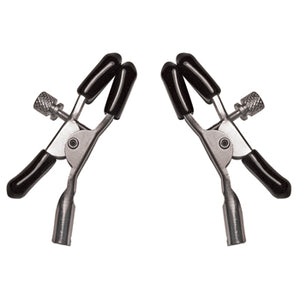Sportsheets classic pair of nipple clips on white background with metal adjusters and clamps with rubber protective and removable tips 