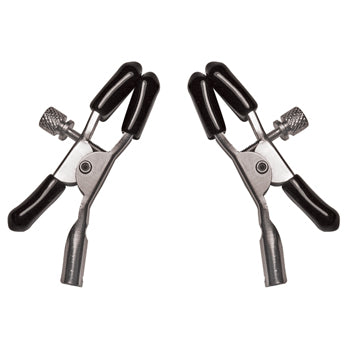 Sportsheets classic pair of nipple clips on white background with metal adjusters and clamps with rubber protective and removable tips 