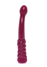 Load image into Gallery viewer, Tantus G Force Silicone wand dildo lying down with the ribbed handle on display and tip of the dildo facing away in maroon colour Tantus flurry dual density silicone dildo in pink standing upright with realistic underneath of the penis head on display - Sex Siopa, Ireland&#39;s Best Adult Shop for Sex Toys, Lubricants, and Accessories