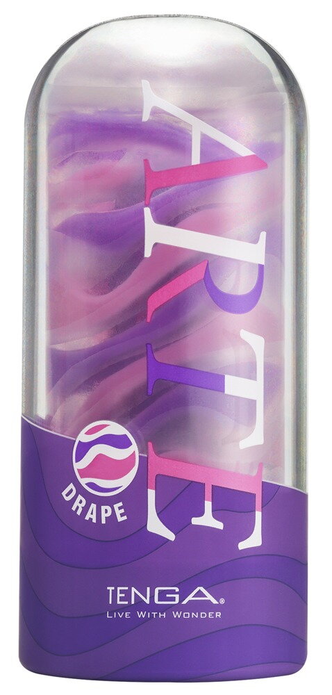 Side view of a Tenga Arte Drape in its packaging, pink/purple theme