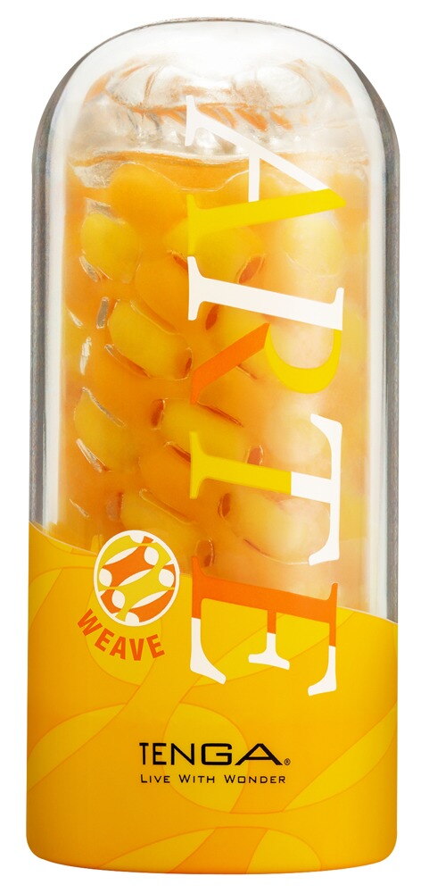 Side view of a Tenga Arte Weave in its packaging, yellow/orange theme
