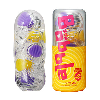 Multicoloured Tenga Bobble Masturbation Sleeve alongside its packaging on a white background.