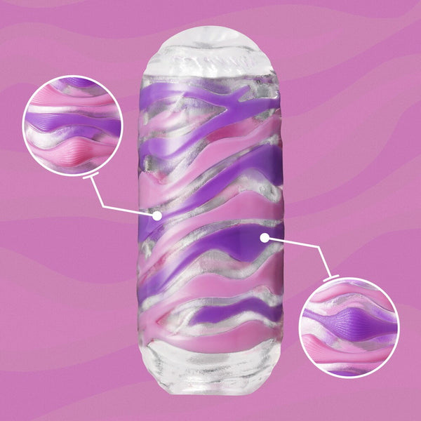 Close up of a Tenga Arte Drape out of its packaging, pink/purple theme. Two extra close ups of the texture.