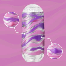 Load image into Gallery viewer, Close up of a Tenga Arte Drape out of its packaging, pink/purple theme. Two extra close ups of the texture.