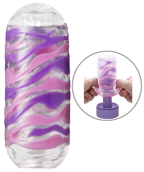 Close up of a Tenga Arte Drape out of its packaging, pink/purple theme. An extra close up of two hands placing it on its drying stand.