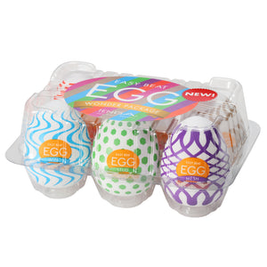 Tenga egg crate selection of masturbation sleeves in a plastic egg box.