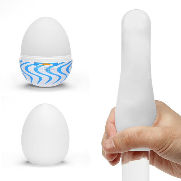 White background with three pictures of a Tenga egg masturbation sleeve. One with the design packaging on, one as is, and the final one being stretched over a glass dildo by an outstretched hand.