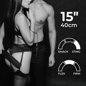 Man and woman standing side by side in alluring lingerie with handcuffs and man holding the paddle to the woman's bum with description of paddle characteristics - Sex Siopa stocks Ireland's best sex toys, lubricants and accessories