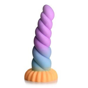 Sideways view of the ribbed Mystique Unicorn Silicone Dildo in a pink/blue/orange colour scheme.