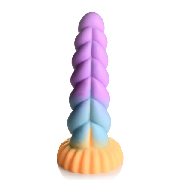 Rear view of the ribbed Mystique Unicorn Silicone Dildo in a pink/blue/orange colour scheme.