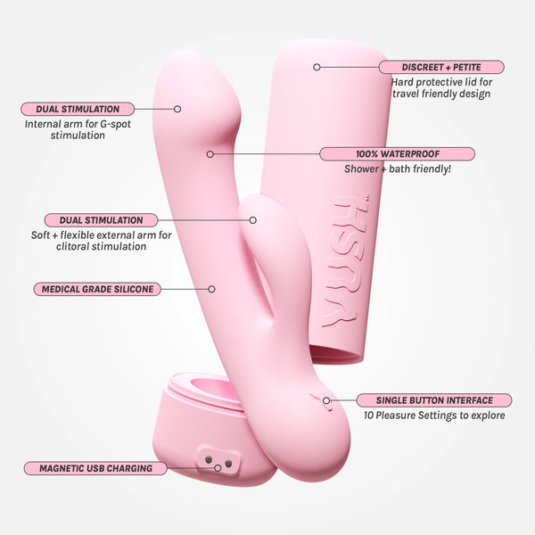 Infographic with details of the Vush Glow Rechargeable Mini Rabbit Vibrator in pink, alongside its case, on a white background