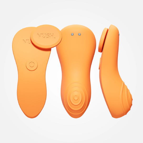 Above, below, and sideways view of the Vush Luna Remote Controlled Wearable Vibrator in orange.