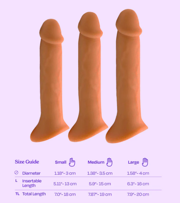 A sizing chart for the 3 sizes of Wet For Her Pack n' Play dildo with a stroker base.
