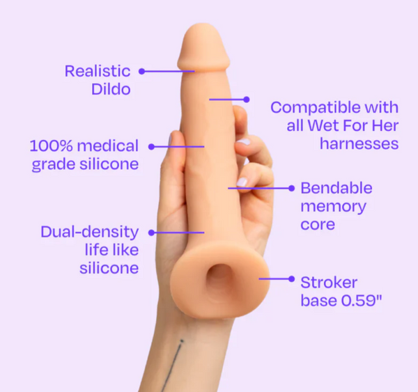 A hand holds the Wet For Her pack n' play dildo in front of a lavender background while a diagram points out all its fantastic features.
