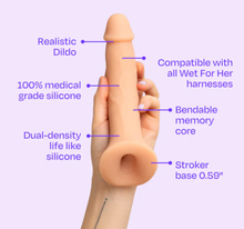 Load image into Gallery viewer, A hand holds the Wet For Her pack n' play dildo in front of a lavender background while a diagram points out all its fantastic features.