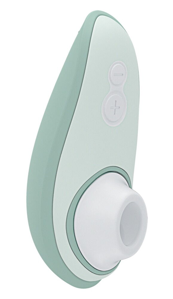 Side view of the Womanizer Liberty 2 Rechargeable "Sucking" Vibrator in shades of green and white.