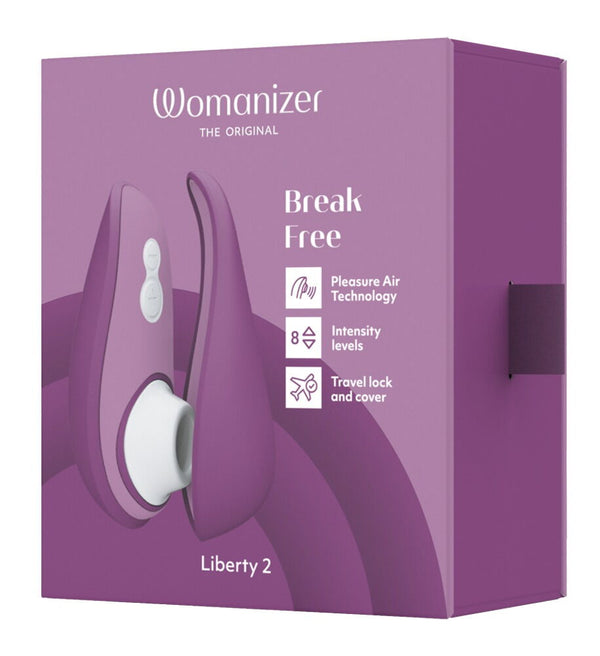 Packaging of the Womanizer Liberty 2 Rechargeable "Sucking" Vibrator in shades of purple and white.