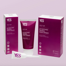 Load image into Gallery viewer, A 100ml bottle of Yes VM vaginal moisturizer, a YES VM lubricant applicator, and examples of the purple cardboard packaging against a lavender background.