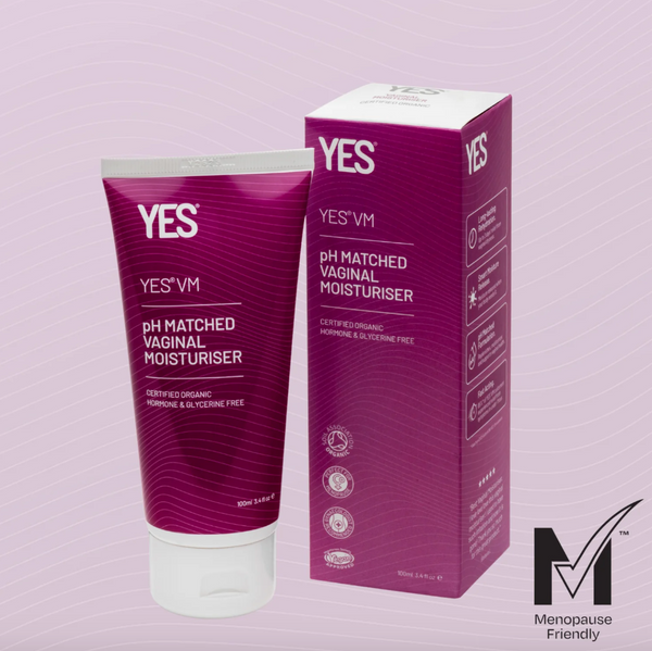 A 100ml bottle of Yes VM vaginal moisturizer and its cardboard packaging. A logo in the bottom righthand corners signifies that this product is Menopause Friendly.