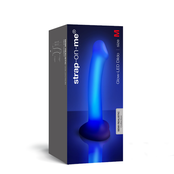 Box of 'strap-on-me' Glow LED Dildo with blue illumination on a white background