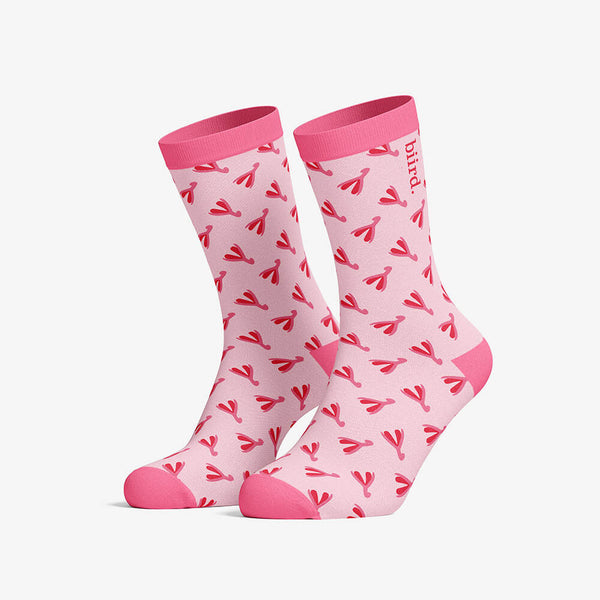 Biird branded Clit Socks in a pink and light pink colour scheme on a white background
