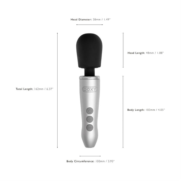 an infographic of the dimensions of the Doxy Go rechargeable mini wand vibrator
