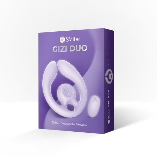This shows the lavender packaging of the Svibe Snail Gizi Duo couples vibrator against a white background.