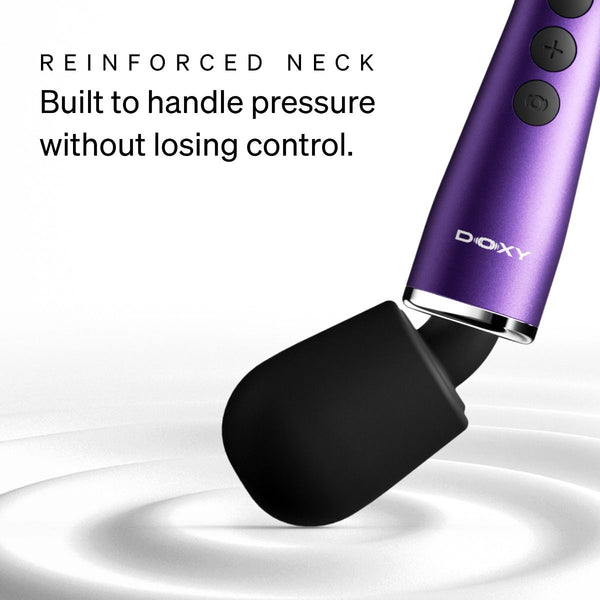 A close-up of a purple DOXY handheld massager with a black silicone head, shown against a white background with text reading 'REINFORCED NECK Built to handle pressure without losing control.'.
