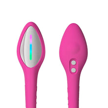 Load image into Gallery viewer, Aerial view of pink and metallic Lush 4 vibrator ends by Lovense. 