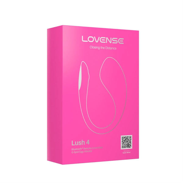Packaged view of pink and metallic Lush 4 vibrator by Lovense. Pink and Silver packaging with QR code and diagram.
