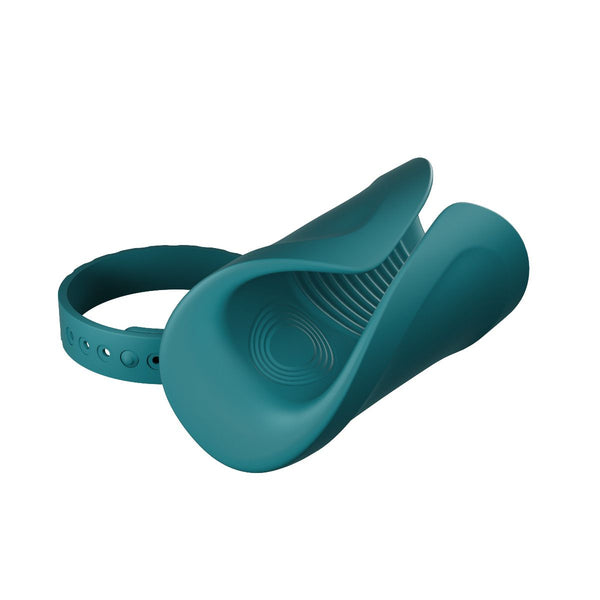 Horizontal Turquoise coloured Gush penis massager by Lovense, side by side with a Lovense branded wraparound.