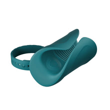 Load image into Gallery viewer, Horizontal Turquoise coloured Gush penis massager by Lovense, side by side with a Lovense branded wraparound.