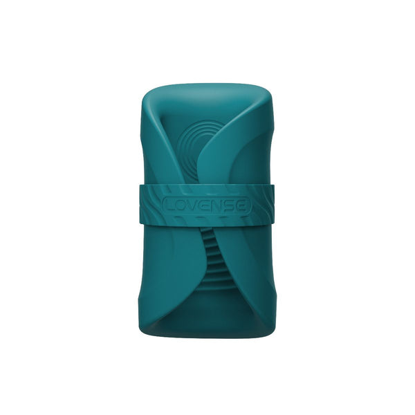 Vertical Turquoise coloured Gush penis massager by Lovense with a Lovense branded wraparound