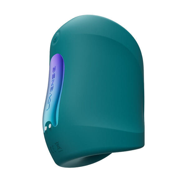 Side view of Vertical Turquoise coloured Gush penis massager by Lovense with power button and charging port