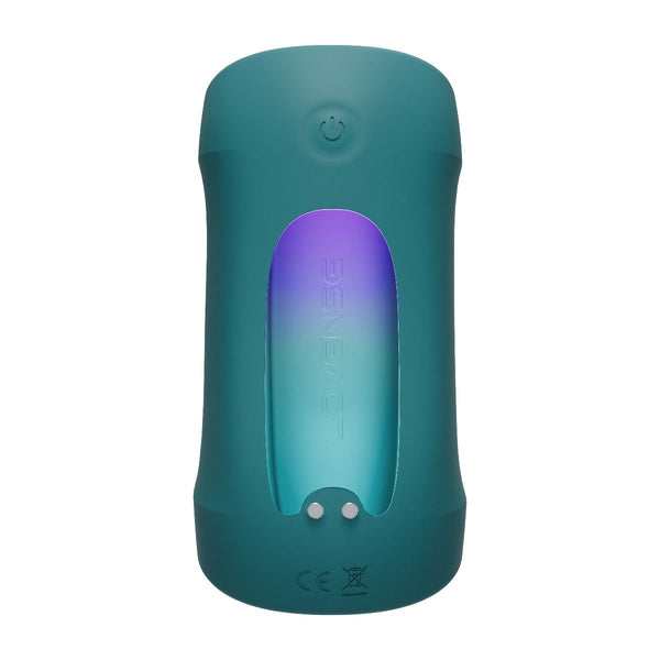 Rear view of Vertical Turquoise coloured Gush penis massager by Lovense, with power button and charging port