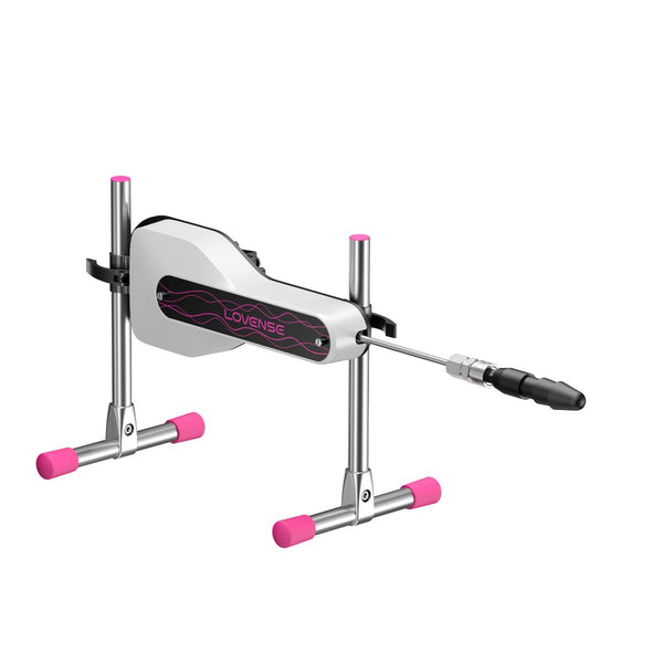 Side view of Lovense mini sex machine with a black dildo attachment.