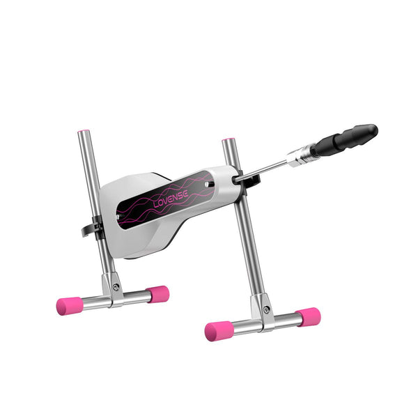 Side view of Lovense mini sex machine stand in a diagonal upward facing position, with a black attached dildo.