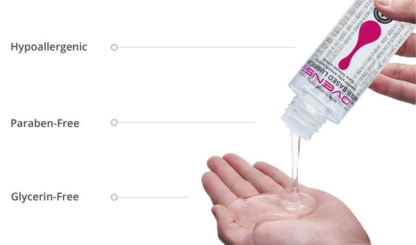 Outstretched hand catching clear lubricant poured from a tube of Lovense water based lubricant