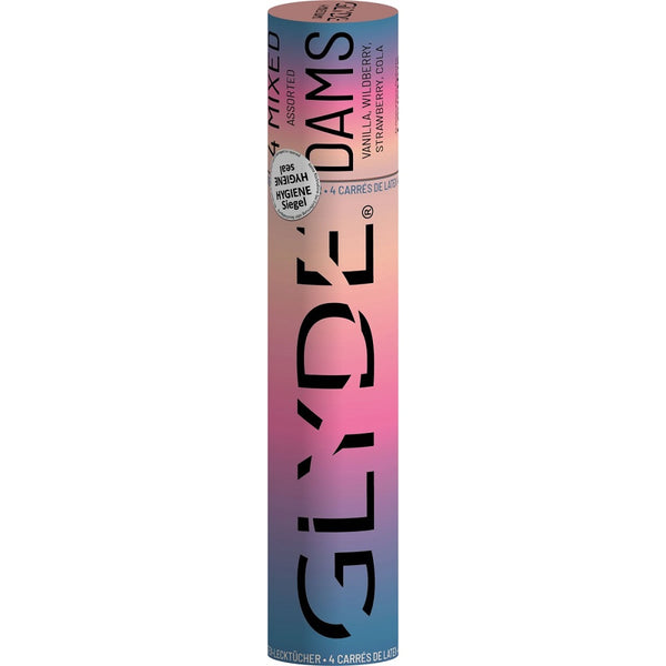 Multicoloured packaging of Glyde vegan dental dams. Tube shown on a white background