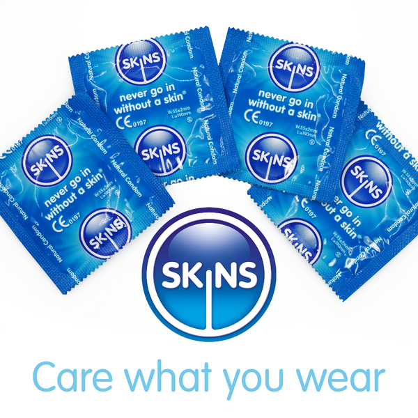 Multiple blue SKINS packaging with the brand logo and tagline on a white background.