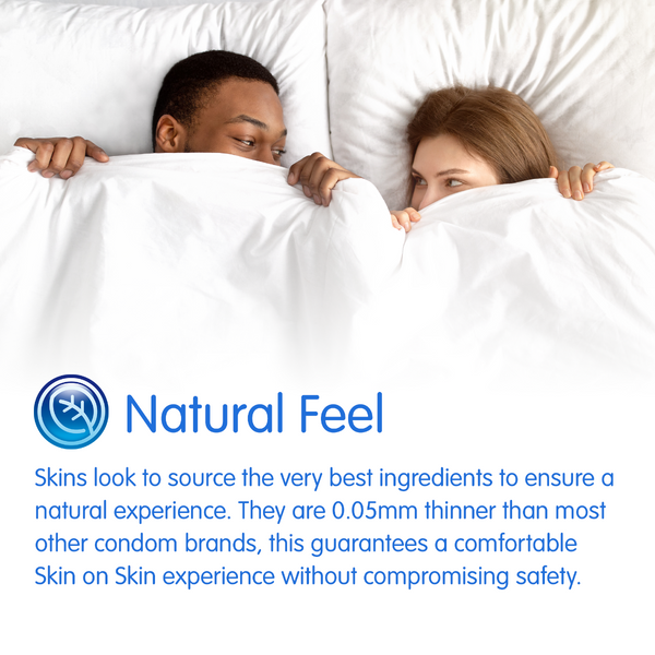 Two people lying in bed under white sheets with 'Natural Feel' branding and product description.