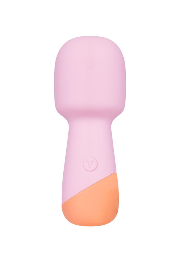Front view of a vertical Vush Peachy Mini Wand. Coloured pink and peach on a white background.
