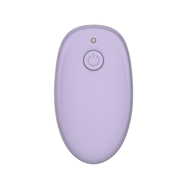 This shows the rechargeable, palm-sized remote control for the Svibe Snail Gizi Duo couples vibrator for lesbians. 