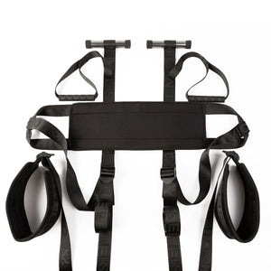 SEI MIO - Behind Closed Doors - Adjustable Door Hanging Sex Swing. Components in black laid out on a white background.