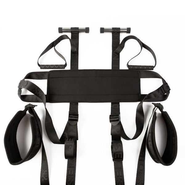 SEI MIO - Behind Closed Doors - Adjustable Door Hanging Sex Swing. Components in black laid out on a white background.