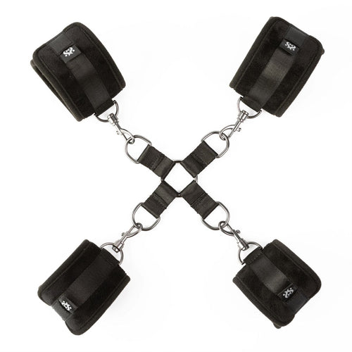 Flat lay of the Hog Tied and Satisfied Hog Tie kit from Sei Mio BDSM and bondage gear