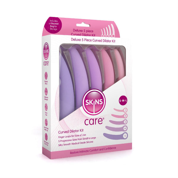Skins Care Silicone Vaginal Dilator Kit in various shades of pink to lilac. Featuring 5 dilators in their packaging on a white background.
